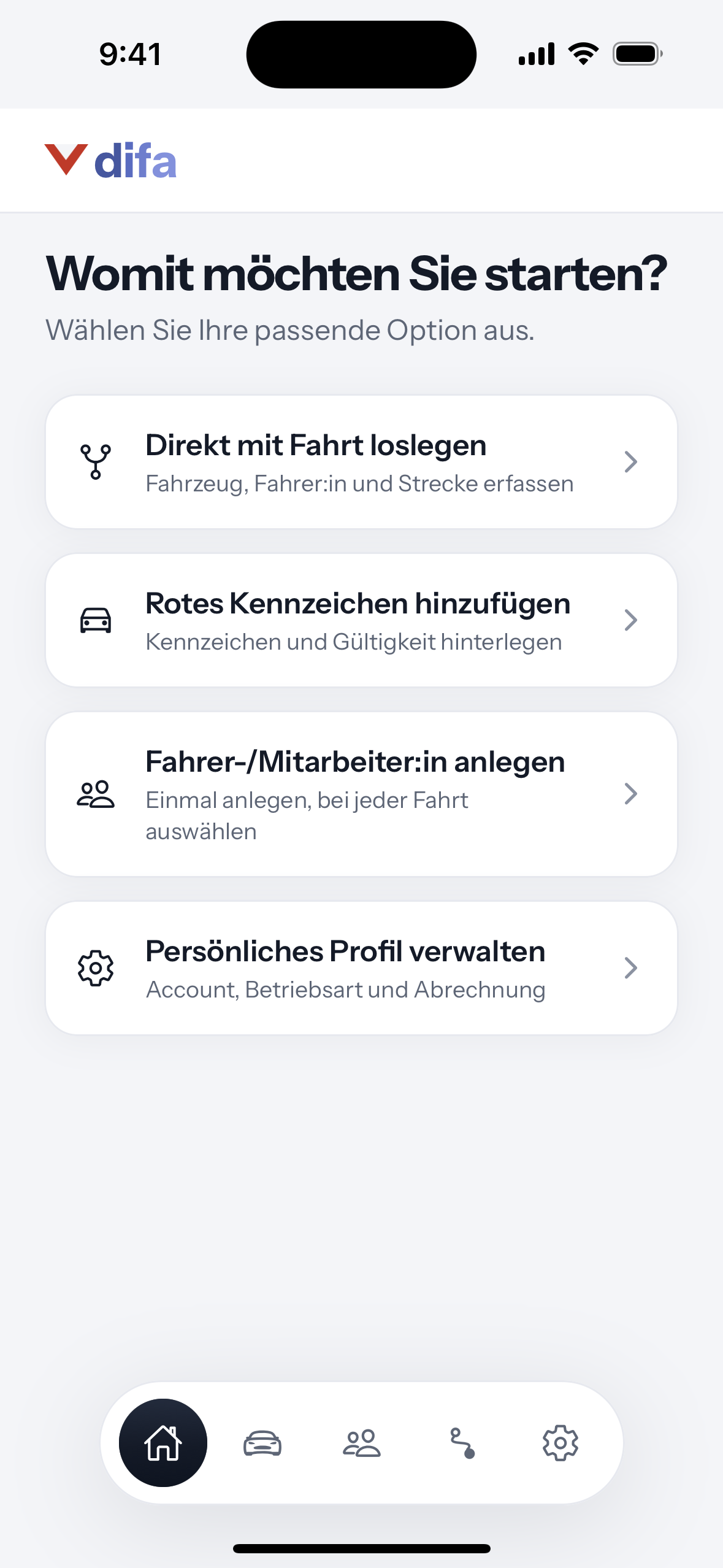 difa App, Startbildschirm mit den Optionen Direkt mit Fahrt loslegen, Rotes Kennzeichen hinzufügen, Fahrer anlegen und Profil verwalten